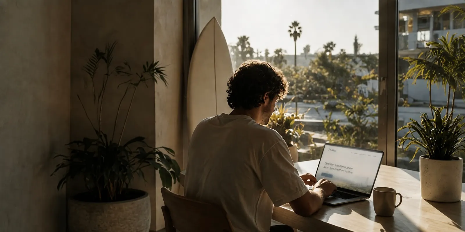 Investor reviewing alternative asset portfolio analytics on a laptop by a sunlit window