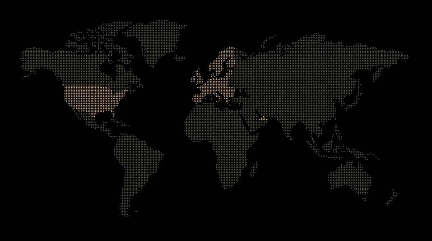 Dotted world map highlighting PAIWE's global liquidity network across the USA, UK, EU and UAE.